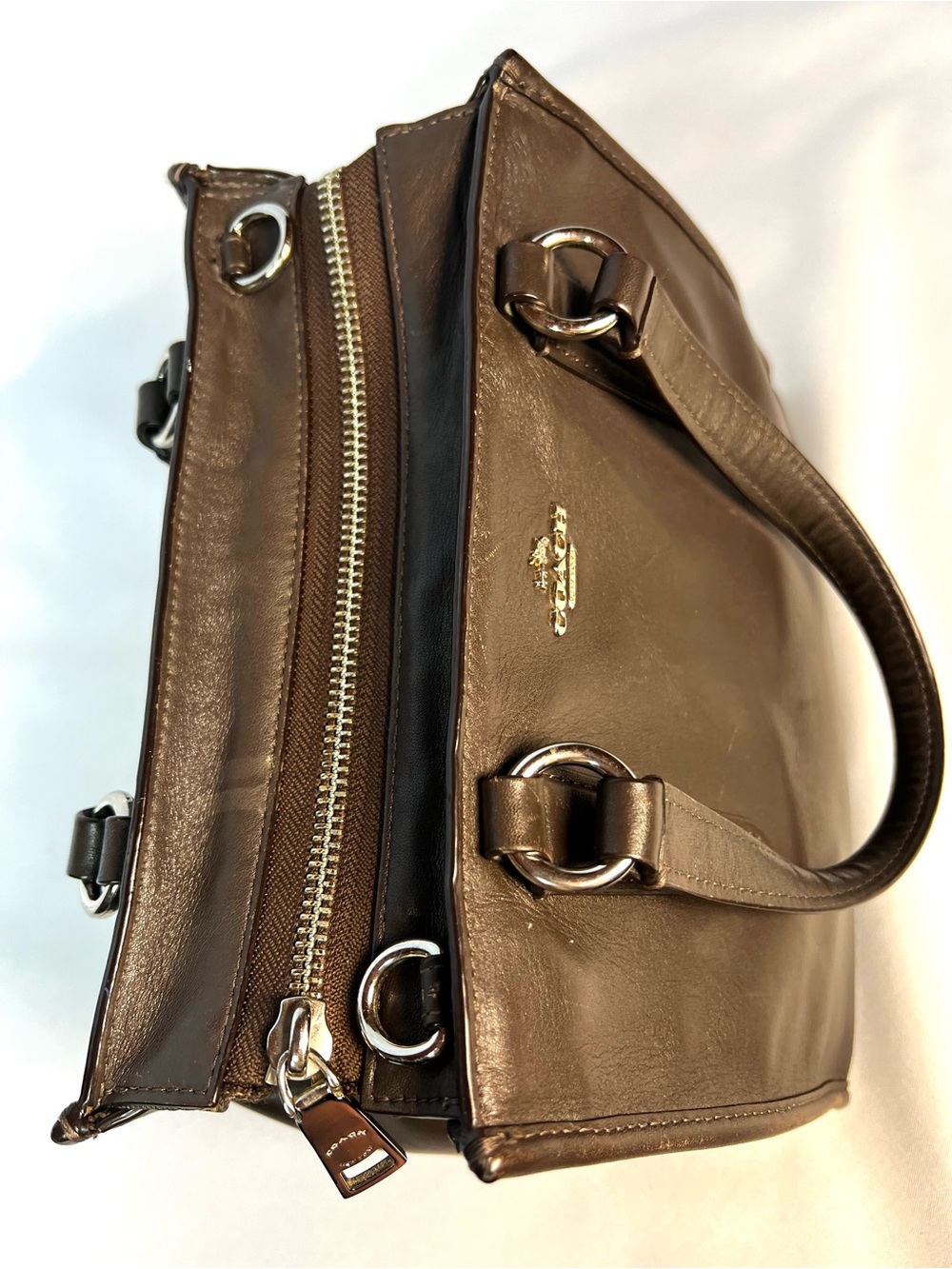 Coach Dark Taupe Small Leather Tote Satchel Bag Silver Hardware - Picture 9 of 14